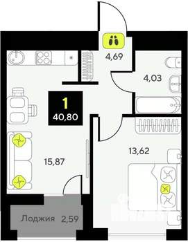 1-к квартира, вторичка, 41м2, 5/12 этаж
