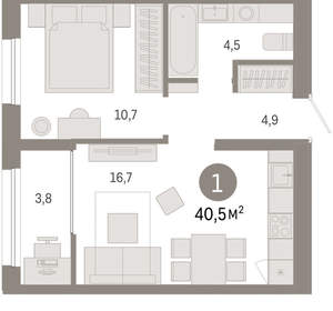 1-к квартира, сданный дом, 40м2, 9/17 этаж