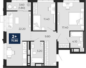 2-к квартира, вторичка, 74м2, 22/24 этаж