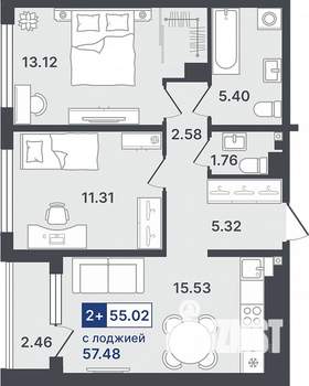 2-к квартира, строящийся дом, 55м2, 6/8 этаж