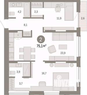 2-к квартира, вторичка, 75м2, 6/17 этаж