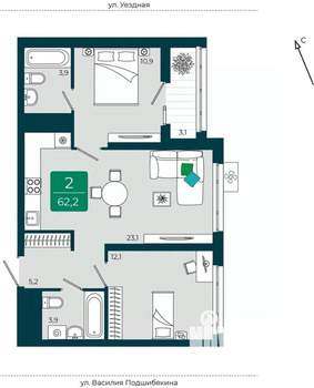 2-к квартира, вторичка, 62м2, 5/16 этаж