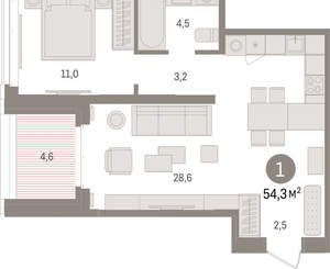 1-к квартира, вторичка, 54м2, 14/16 этаж