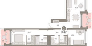 2-к квартира, вторичка, 80м2, 2/8 этаж