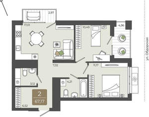 2-к квартира, вторичка, 67м2, 11/15 этаж