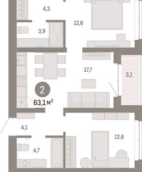 2-к квартира, вторичка, 63м2, 4/11 этаж