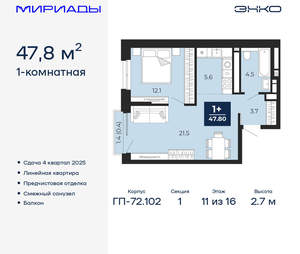 1-к квартира, вторичка, 48м2, 11/16 этаж