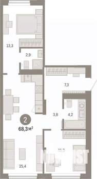 2-к квартира, вторичка, 68м2, 2/7 этаж