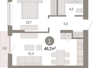 1-к квартира, вторичка, 46м2, 9/17 этаж