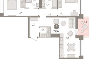 2-к квартира, вторичка, 75м2, 7/8 этаж