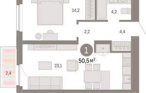 1-к квартира, вторичка, 50м2, 4/16 этаж
