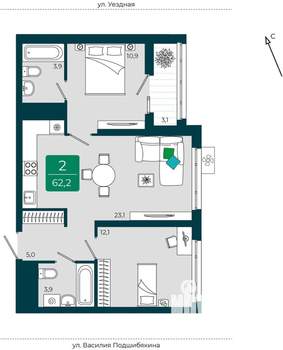 2-к квартира, вторичка, 62м2, 3/16 этаж