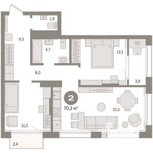 2-к квартира, вторичка, 70м2, 13/17 этаж