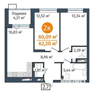 2-к квартира, вторичка, 60м2, 19/24 этаж