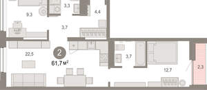 2-к квартира, вторичка, 62м2, 7/17 этаж