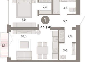 1-к квартира, вторичка, 44м2, 5/16 этаж