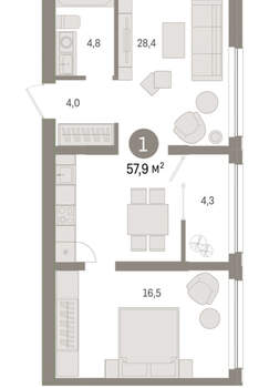 1-к квартира, вторичка, 58м2, 8/9 этаж
