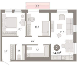 2-к квартира, вторичка, 65м2, 3/17 этаж