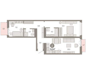 2-к квартира, вторичка, 73м2, 3/16 этаж