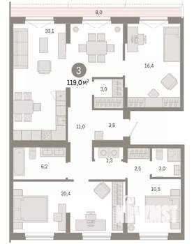 3-к квартира, вторичка, 119м2, 8/9 этаж