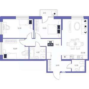 3-к квартира, строящийся дом, 84м2, 9/24 этаж
