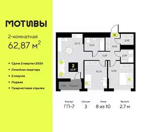 2-к квартира, вторичка, 63м2, 8/10 этаж