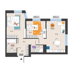 2-к квартира, вторичка, 59м2, 22/25 этаж