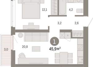 1-к квартира, вторичка, 46м2, 4/25 этаж