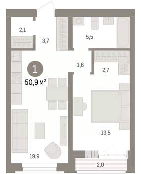 1-к квартира, вторичка, 51м2, 6/10 этаж