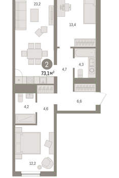 2-к квартира, вторичка, 73м2, 2/9 этаж