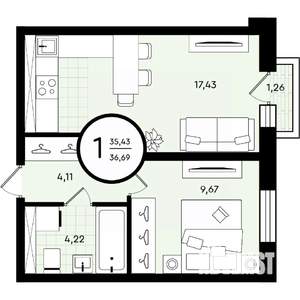 1-к квартира, вторичка, 37м2, 2/4 этаж