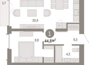 1-к квартира, вторичка, 45м2, 4/16 этаж
