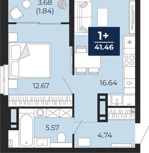 1-к квартира, вторичка, 41м2, 12/21 этаж