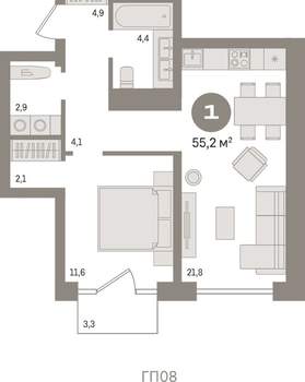 1-к квартира, вторичка, 55м2, 4/9 этаж