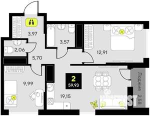 2-к квартира, вторичка, 60м2, 2/14 этаж