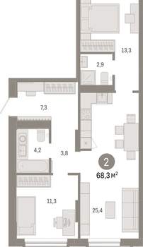 2-к квартира, вторичка, 68м2, 2/17 этаж