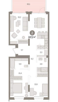 2-к квартира, вторичка, 107м2, 2/16 этаж