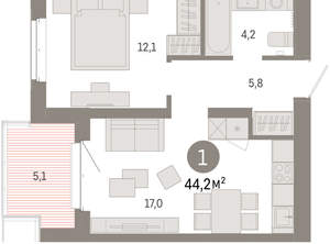 1-к квартира, вторичка, 44м2, 4/11 этаж