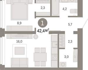 1-к квартира, вторичка, 42м2, 2/16 этаж