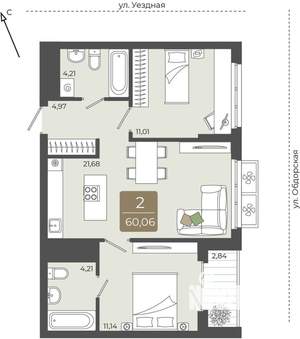 2-к квартира, вторичка, 60м2, 13/15 этаж