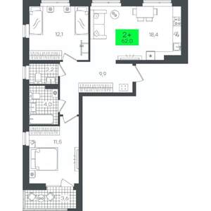 2-к квартира, строящийся дом, 62м2, 3/8 этаж