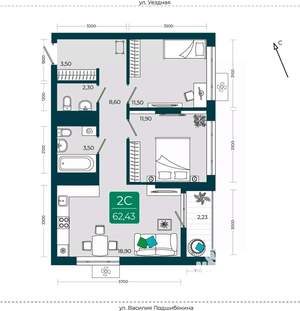 2-к квартира, сданный дом, 62м2, 16/23 этаж