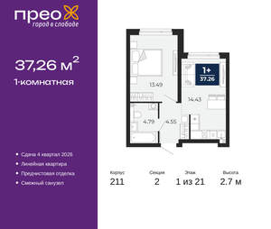 1-к квартира, вторичка, 37м2, 1/21 этаж