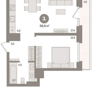 1-к квартира, вторичка, 51м2, 6/9 этаж