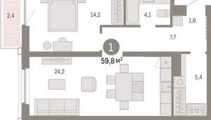 1-к квартира, вторичка, 60м2, 6/16 этаж