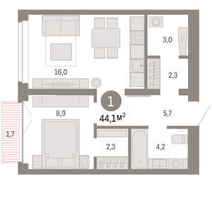 1-к квартира, вторичка, 44м2, 5/16 этаж