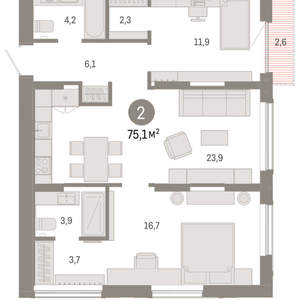 2-к квартира, вторичка, 75м2, 14/17 этаж