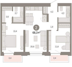 2-к квартира, вторичка, 68м2, 3/16 этаж