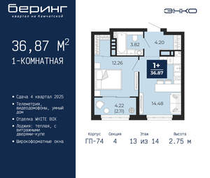 1-к квартира, вторичка, 37м2, 13/21 этаж