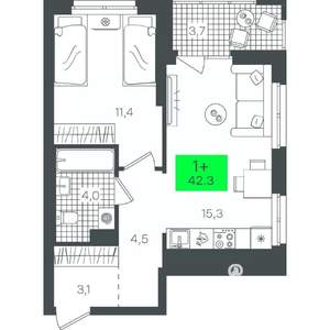 1-к квартира, строящийся дом, 42м2, 10/21 этаж